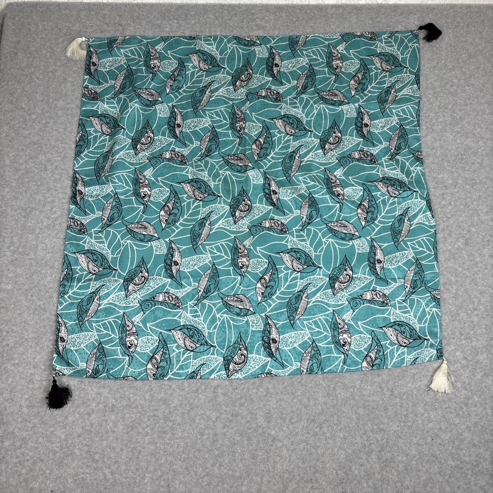 Vintage DIANE FREIS Scarf 28x28 Blue Multicolor Leaf Single Stitch Square Tassel
